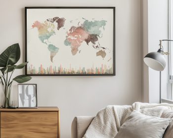 Artistic world map featuring watercolor-style continents and city silhouettes at the bottom.