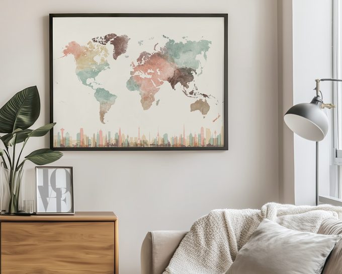 Artistic world map featuring watercolor-style continents and city silhouettes at the bottom.