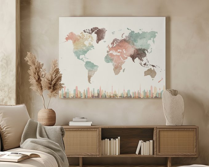 Watercolor world map featuring various colors and city skyline silhouettes at the bottom.