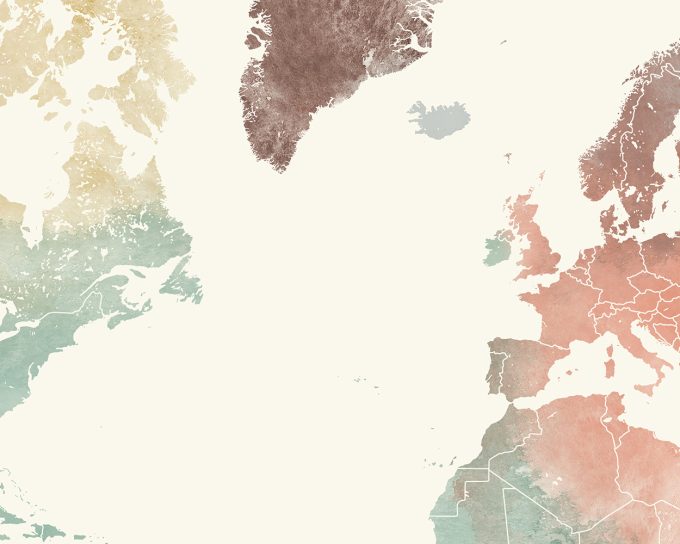 A world map featuring various regions in soft colors, including shades of brown, green, and red.