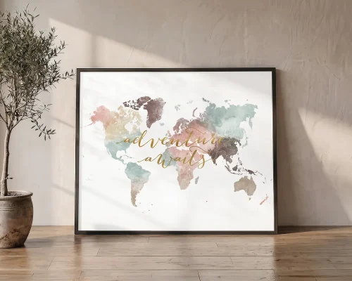 World Map Poster Adventure Awaits in Soft Pastels | ArtPrintsVicky