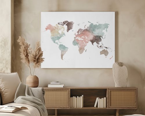 Artistic world map with soft colors displayed on a wall in a living space.