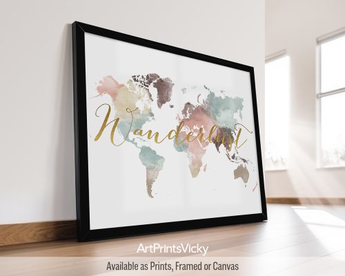 World map poster in soft pastel white watercolors by ArtPrintsVicky
