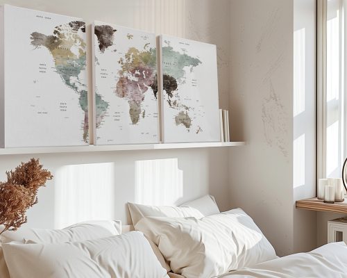 Three-piece world map art print set with muted colors displayed on a wall above a bed.