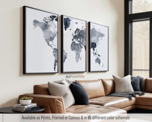 World map triptych in "grey blue" watercolor style. Each panel features continents in cool tones by ArtPrintsVicky.