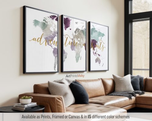 World Map Triptych in a cool Pastel 2 palette featuring continents, divided into 3 prints. by ArtPrintsVicky.