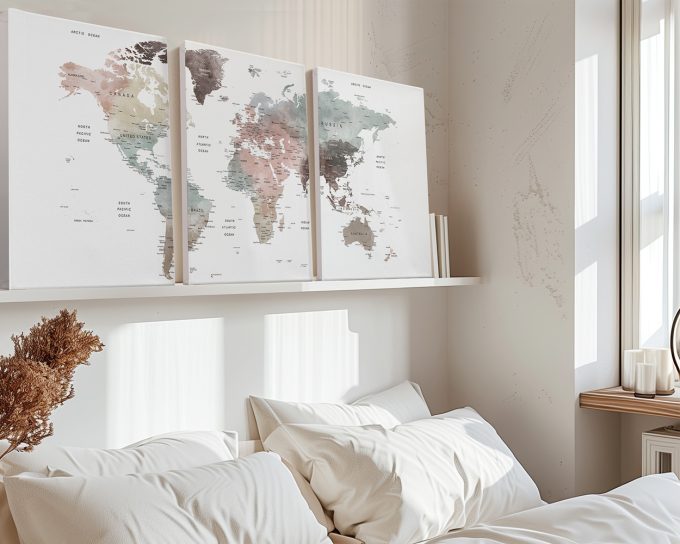 Three-panel world map artwork featuring muted colors and geographical details.