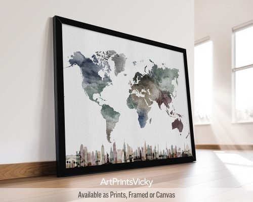 World map poster in earthy watercolors with major city landmarks by ArtPrintsVicky
