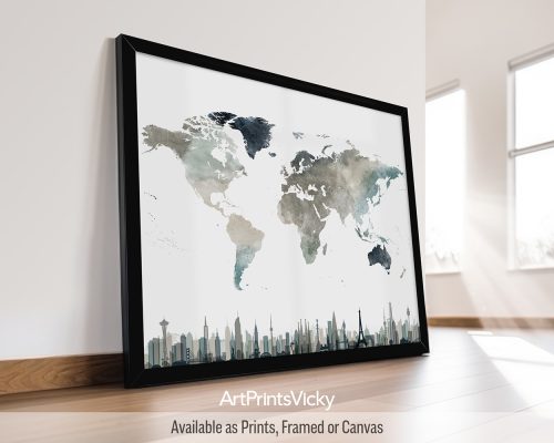 World map poster in earth tones 4 watercolors, with major city landmarks, by ArtPrintsVicky