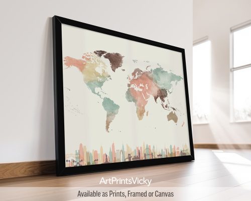World map poster in pastel cream watercolors with major city landmarks by ArtPrintsVicky