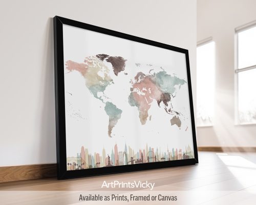 World map print featuring iconic city skylines in a soft and dreamy Pastel White color palette, by ArtPrintsVicky.