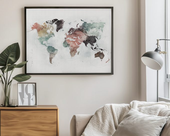 Artistic watercolor world map featuring various colors representing different regions.