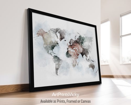World map poster in "Urban 1" style watercolors by ArtPrintsVicky
