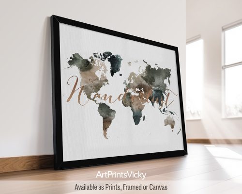 World map in a rich and expressive Earthy Watercolor 2 style with the word "Wanderlust" displayed in a faux bronze color, by ArtPrintsVicky.