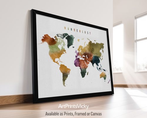 Vibrant Watercolor 3 world map featuring the word "Wanderlust" above the continents, by ArtPrintsVicky.