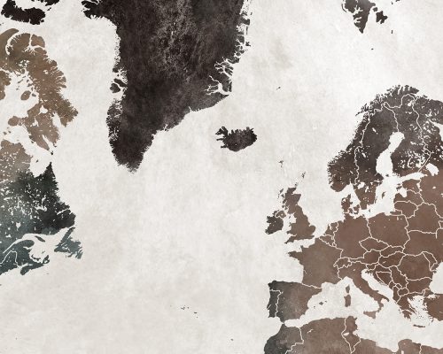 World map illustrated in warm tones with detailed geographical features and borders.