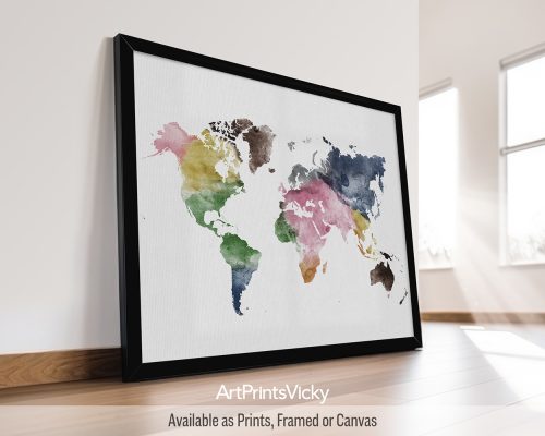 World map poster in colorful watercolors by ArtPrintsVicky