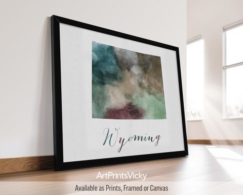 Earthy watercolor print of the Wyoming state map, with "Wyoming" written below in handwritten script, on a textured background. Perfect for lovers of the Cowboy State, Yellowstone National Park, and the Tetons by ArtPrintsVicky.