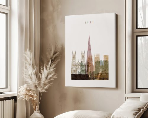 Art print featuring a stylized depiction of York's architecture with a prominent spire.