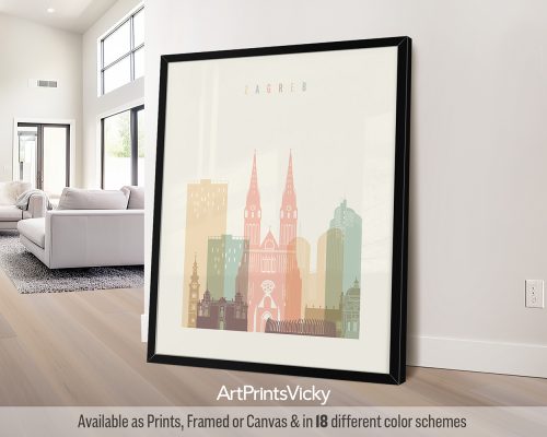 Zagreb skyline featuring the Zagreb Cathedral, St. Mark's Church, and other iconic landmarks in a warm Pastel Cream palette, by ArtPrintsVicky.
