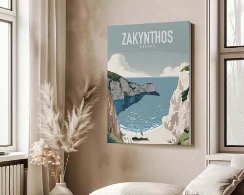 Illustrative travel poster of Zakynthos, Greece featuring cliffs and a beach.