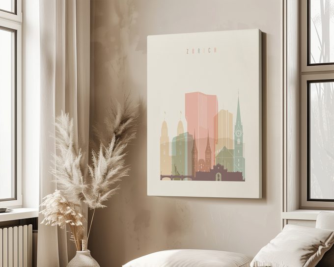 Art print of Zurich cityscape featuring buildings in pastel colors and the word 'Zurich' at the top.