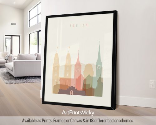 Zurich skyline in warm pastel cream theme, modern city print by ArtPrintsVicky