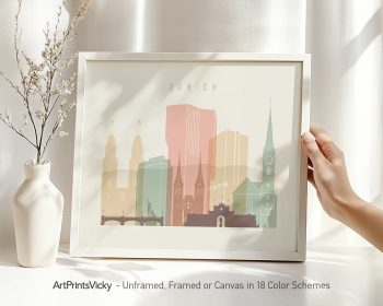 Art print of Zurich cityscape featuring various buildings in pastel colors.