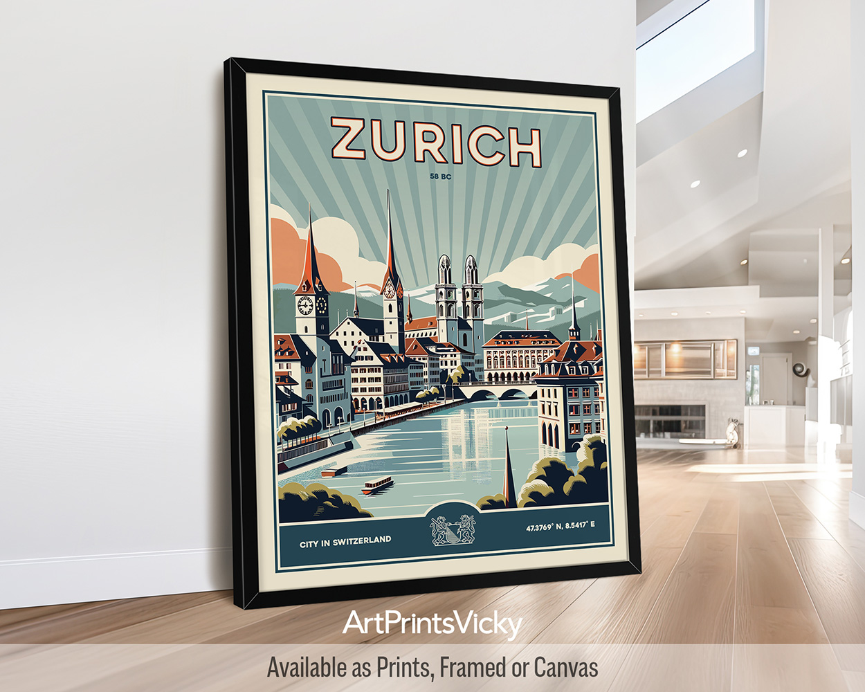 Zurich Poster Inspired by Retro Travel Art by ArtPrintsVicky
